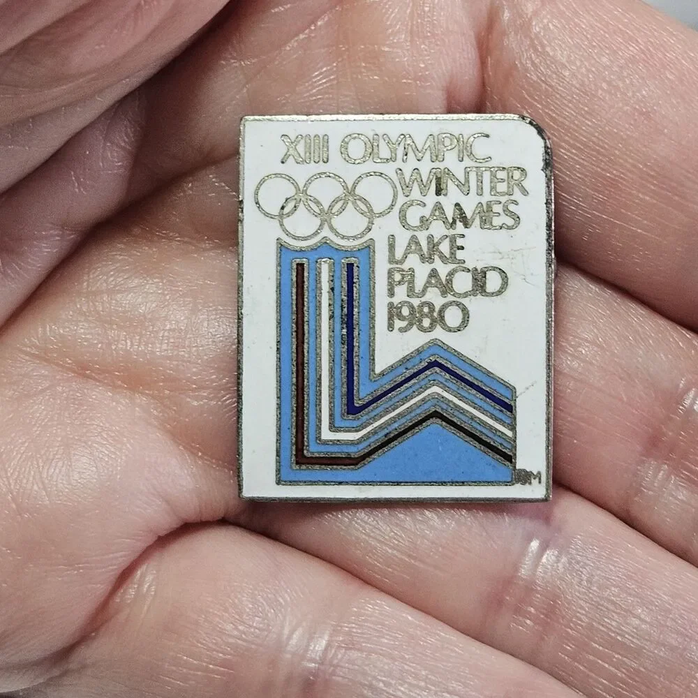 Vntg 1980 XIII Olympic Winter Games Lake Placid Enamel Lapel Pin Silver Tone